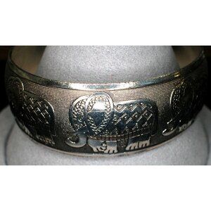 Elephant Engraved Silver Tone Cuff Bracelet Size 7